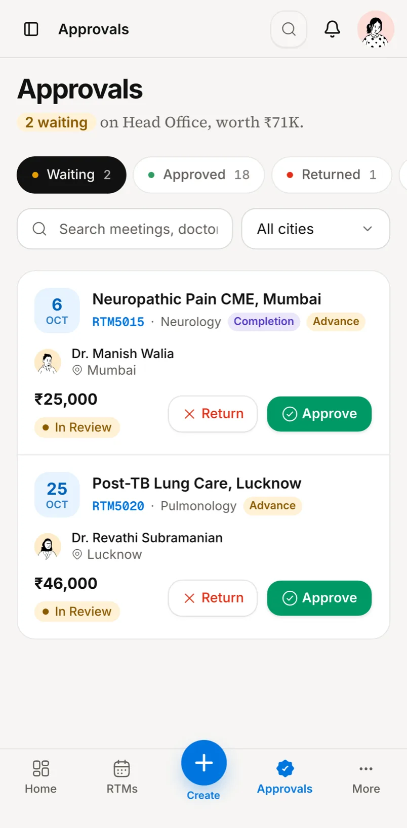 Roundtable mobile Approvals screen: two meetings waiting on Head Office with Return and Approve buttons, and the tab bar with a centre Create button